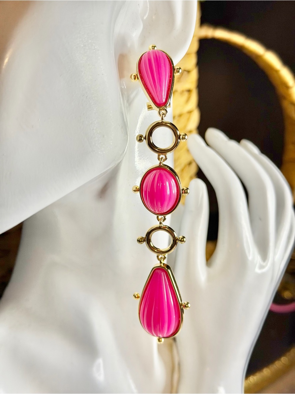 NWT-Trina Turk-Carved Resin Tear Drop & Bead Dangle Earrings-Post Back-4.5” long
